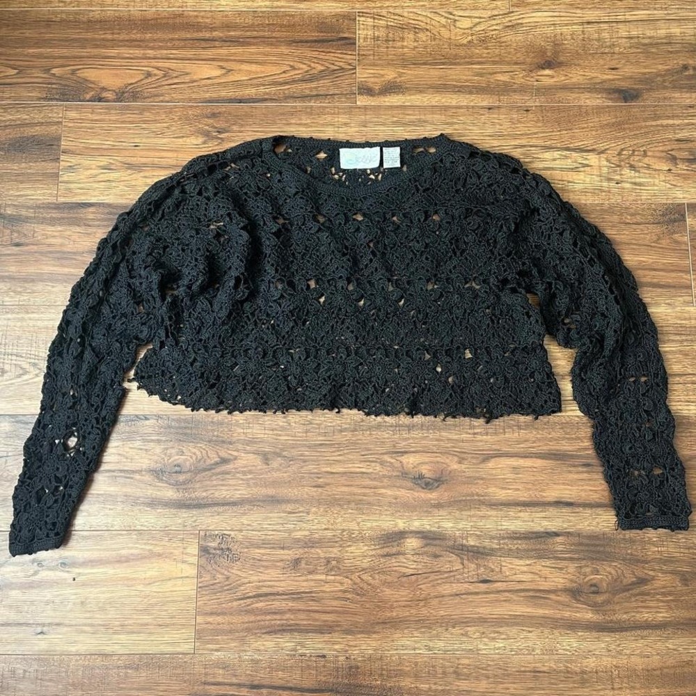 Black 90s Vintage Crochet Cropped Sweater Raw Hem Whimsygoth Fairy Boho Women S